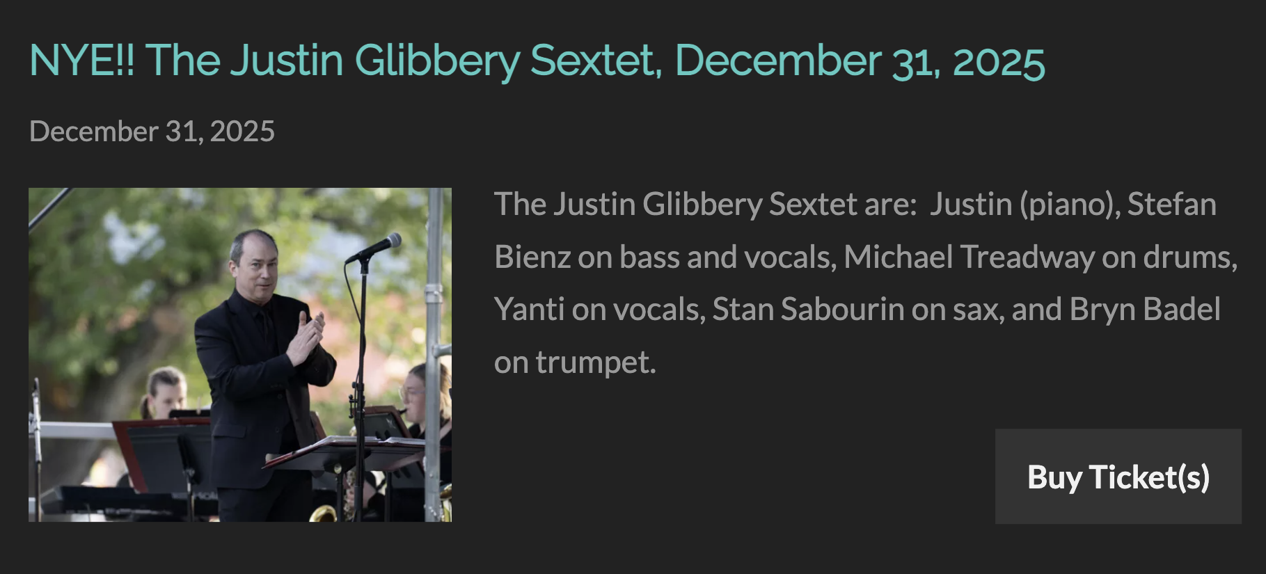 Justin Glibbery Sextet @ Vernon Jazz Club **NEW YEARS EVE**